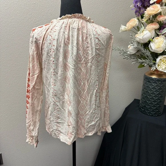Savanna Jane Cream Rust Boho Peasant Blouse M Embroidered Print Fall Top - Picture 3 of 7